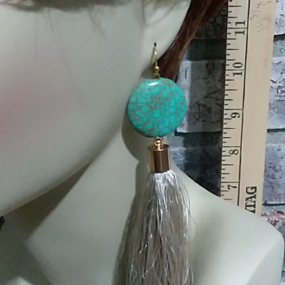Turquoise disc tassel earrings 1" diameter cut 2 f - Picture 3 of 7